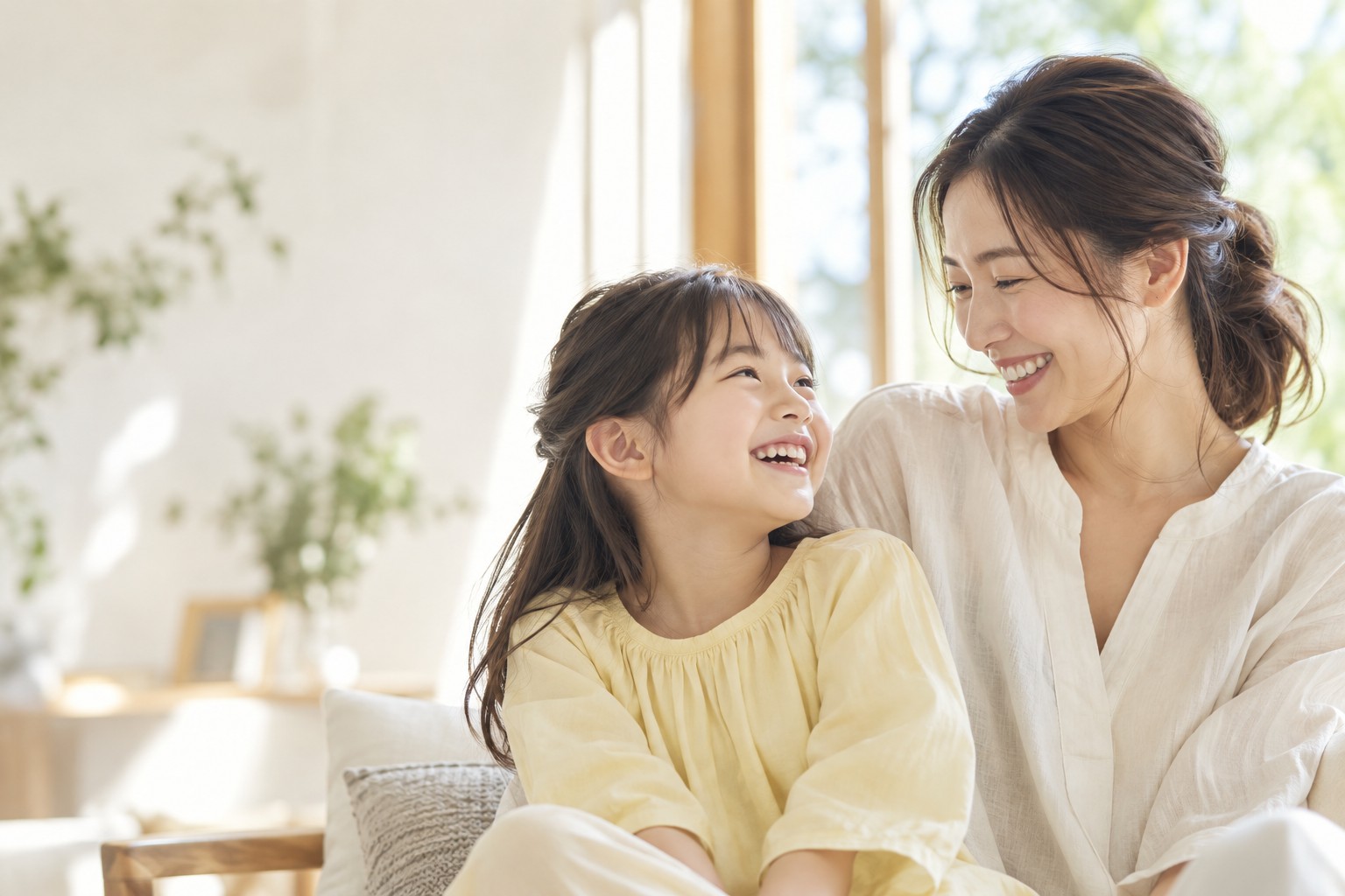 自然な笑顔で見つめ合う親子のイメージ
